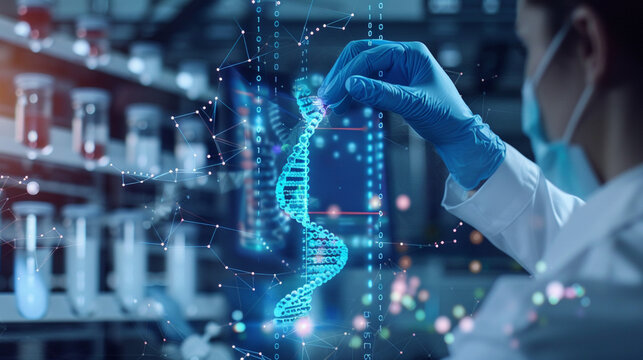 Close-Up of Scientist Analyzing a Glowing DNA Strand in a High-Tech Biotechnology Laboratory with Futuristic Digital Interface
