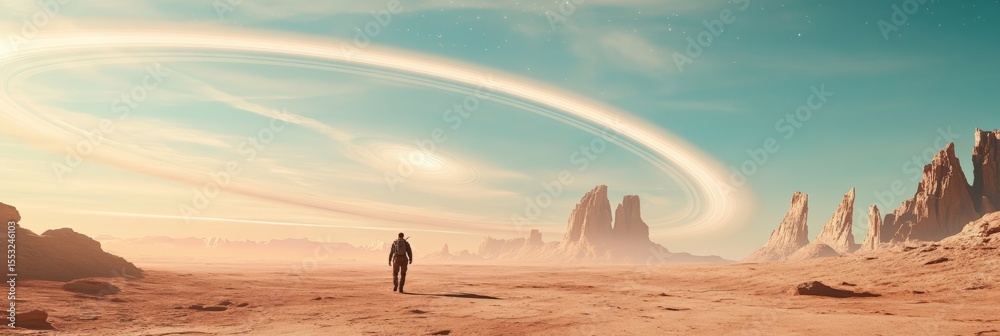 Poster astronaut walking on a desolate, rocky alien planet, discovering the wonders of a new world under a 