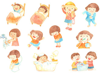 子どもの一日・生活習慣イラストセット｜起床・歯磨き・登園・食事・入浴・就寝