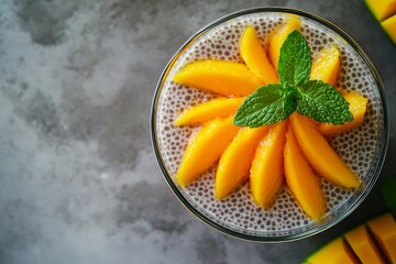 Minimalist food styling of a chia seed pudding with fresh mango slices and a mint garnish, symbolizing healthy, refreshing, and visually appealing breakfast or snack