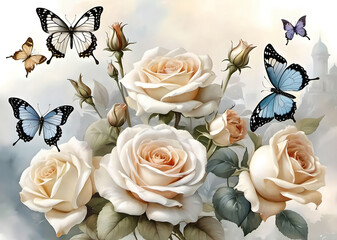 Soft cream roses with butterflies on light abstract background. Floral illustration white roses with butterflies. Floral wallpaper white roses on abstract background.