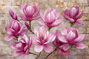 Pink magnolia flowers on brown brick background. Floral illustration of pink magnolia flowers. Wallpaper with blooming magnolia branch on brown brick background.