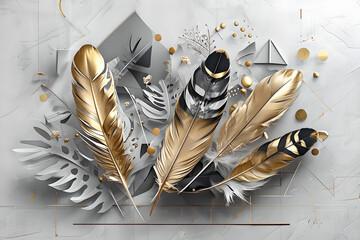 A modern illustration featuring feathers and geometric shapes. Gold and gray feathers on a gray abstract background. Abstract wallpaper with feathers, gray geometric background.