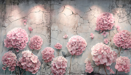 Pink hydrangea flower wallpaper on old white scuffed concrete wall. White concrete wall with cracks. Pink Hydrangea flowers on old grunge wall background.