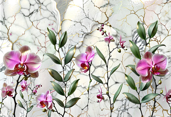 Pink orchid flowers on elegant marble texture. Wallpaper with orchid flowers on light gray with gold marble background.