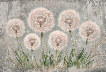 Close-up illustration of dandelions on beige background. Watercolor floral illustration, dandelions in grass, light beige background.