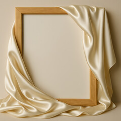 Elegant wooden picture frame blank mockup, draped with soft flowing cream satin fabric, luxury fabric folds, minimal aesthetic scene, smooth texture, beige neutral background artistic presentation