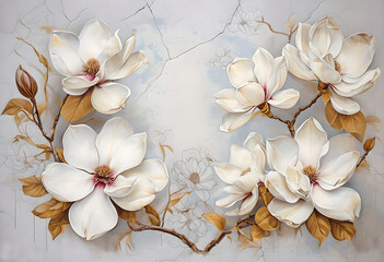 Floral illustration of white flowers on soft gray shades. Floral wallpaper for interior decor. White magnolia wallpaper on white cracked concrete background