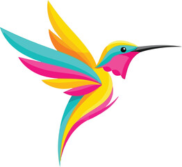 Obraz premium A colorful hummingbird with wings spread, featuring yellow, pink, and turquoise hues on a white background