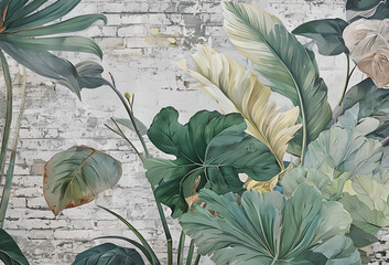 Watercolor illustration of Green Monstera Leaves on a white brick background. Wallpaper with Green Leaves in close-up. White Brick Wall.