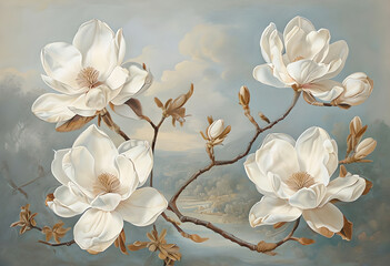 Retro style blooming white magnolias on a delicate cloudy background. Floral Wallpaper with White Flowers. Floral Illustration White Magnolias on the background of blue sky