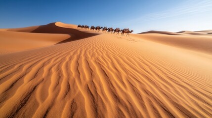 A mesmerizing view of a camel caravan moving steadily over expansive golden desert sands under a clear blue sky, highlighting the beauty and vastness of the landscape.
