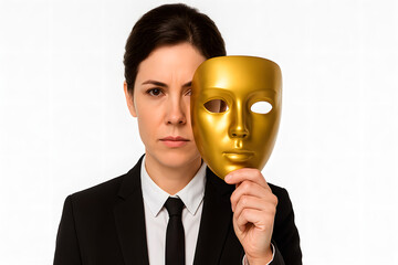 Businesswoman holding golden mask, half face hidden expression, concept of deception, hidden identity, dual personality, corporate facade, psychological metaphor, secrecy, human emotion, inner conflic