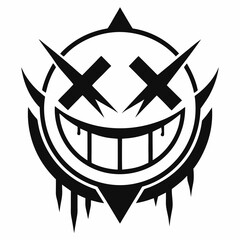 Stylized black and white tribal smiley face with sharp edges and dripping effect