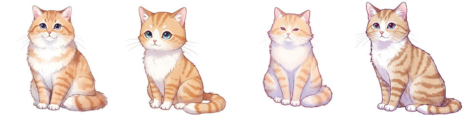Watercolor illustration style, set of red ginger cats, isolated on transparent background. Fun drawings, decor for nursery or kindergarten, stickers or prints. Animal flashcards. Beloved pets collage