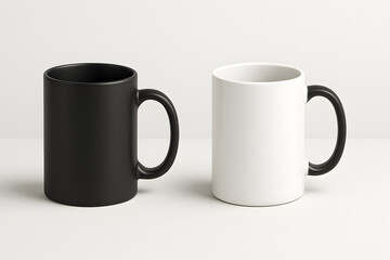 Black and white ceramic coffee mugs side by side, minimalist kitchen decor, modern blank mugs for branding, hot beverage tea or coffee drinking concept, isolated clean design on white background