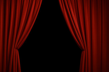 Red theater curtains drawn open, revealing black background. Classic stage performance backdrop, dramatic lighting setup, cinematic presentation concept, movie premiere scene, traditional velvet fabri