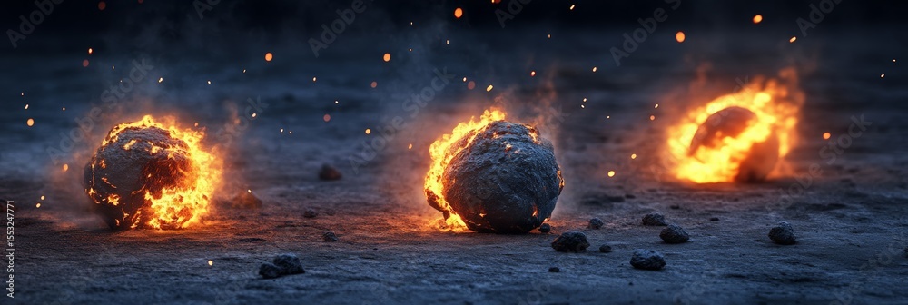 Aufkleber Burning asteroids plummeting through planetary atmosphere, generating fiery cosmic display with intense sparks and dramatically illuminated rocky fragments against dark space background