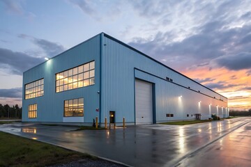 Obraz premium Modern Industrial Building Exterior at Dusk with Dramatic Sky and Wet Pavement Reflecting Light