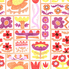 Seamless pattern with bold stylized flowers. Playful colorful grid layout. Hand-drawn with acrylic markers on paper. Retro naive design.