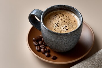 Single Ceramic Coffee Cup on Light Beige Background with Beans