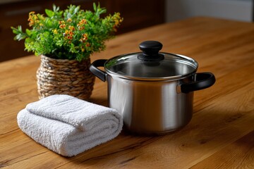 Stainless Steel Cooking Pot with Lid on Wooden Table Near Towel