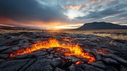 Fototapeta premium A captivating image captures the raw power of flowing lava against a dramatic sunset, highlighting the beauty and intensity of volcanic landscapes in nature.