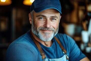 Middle-aged man with a beard smiling warmly wearing a blue cap, blue shirt, and brown apron in a cozy indoor setting with blurred background lights