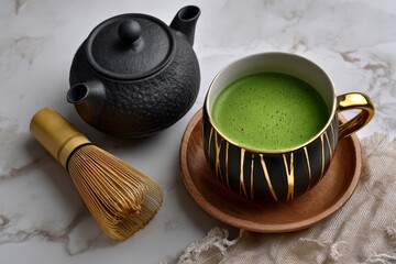 Stylish Japanese Matcha Set on White Marble Background
