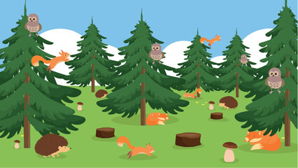 Pine forest and animals in it illustration