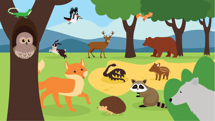 Animals in the forest vector illustration. Flat design. Forest animals.