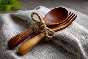 Wooden Spoon and Fork Tied with Twine on Rustic Fabric Surface