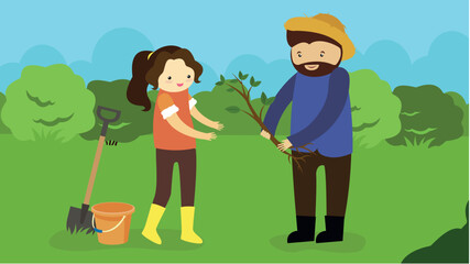 Fototapeta premium Father and daughter planting trees in the garden. Vector illustration in flat style