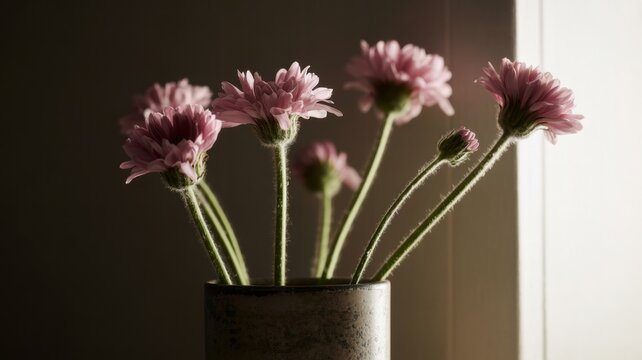 Close-up of pink daisies in a vase with soft lighting