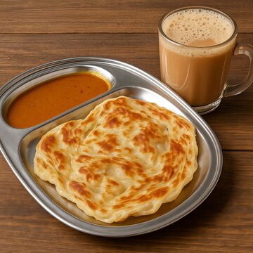 Traditional Malaysian Breakfast &ndash; Roti Canai with Curry and water Teh Tarik