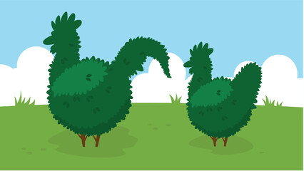 Funny pigeons in the field. Vector illustration in flat style
