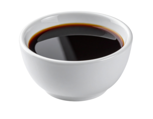 A white ceramic bowl filled with dark soy sauce. Ideal for cooking and seasoning Asia 417102
