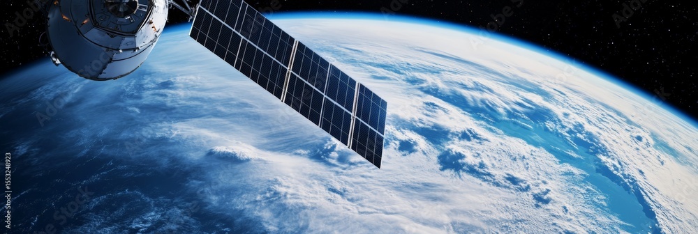 Poster orbital view of planet earth with a space station orbiting nearby with solar panels deployed, showca