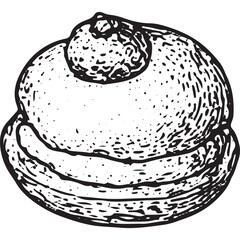 Hand-drawn sketch of a cream puff with a swirled cream top and berry, illustrated in black-and-white ink, featuring a vintage bakery style perfect for dessert and pastry designs