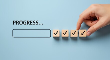 Visual representation of progress completion with check marks and wooden cubes on blue background
