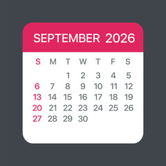 September 2026 Calendar Leaf - Vector template graphic Illustration
