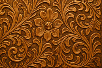 Ornamental floral wood carving background, vintage botanical flower pattern on brown golden surface, decorative embossed engraving, antique design, luxury interior panel art texture, royal craftsmansh