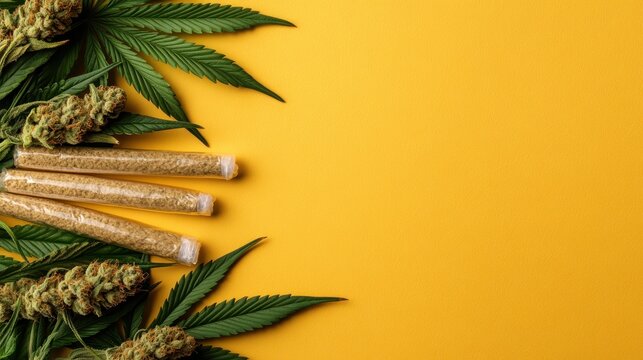 This image features cannabis buds and pre-rolled joints, highlighted against a bright yellow background, exhibiting the product's texture, color, and vibrant appeal.