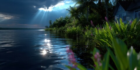 Serene waterscape at dusk with rays of sunlight breaking through clouds in a tranquil tropical setting