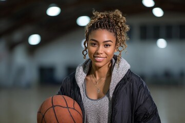 Teenage Girl Smiling While Practicing Basketball in Indoor Gym Setting