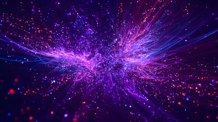 Explosive burst of neon purple and blue particles in motion on a dark abstract background.