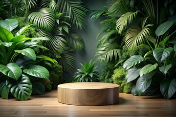 Obraz premium A round wooden podium is surrounded by lush tropical plants