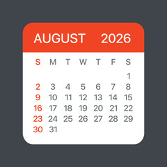 August 2026 Calendar Leaf - Vector template graphic Illustration