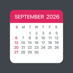 September 2026 Calendar Leaf - Vector template graphic Illustration