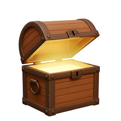 3D Render of Radiant Wooden Treasure Chest Opened with Sparkling Golden Light Inside, Isolated on White or Transparent Background